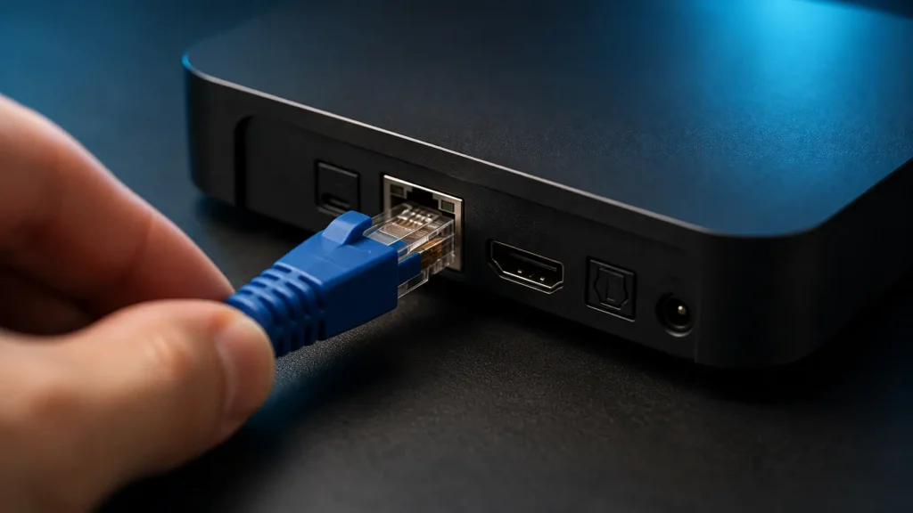 Câble Ethernet branché sur un boîtier TV pour une premiere IPTV anti coupure stable