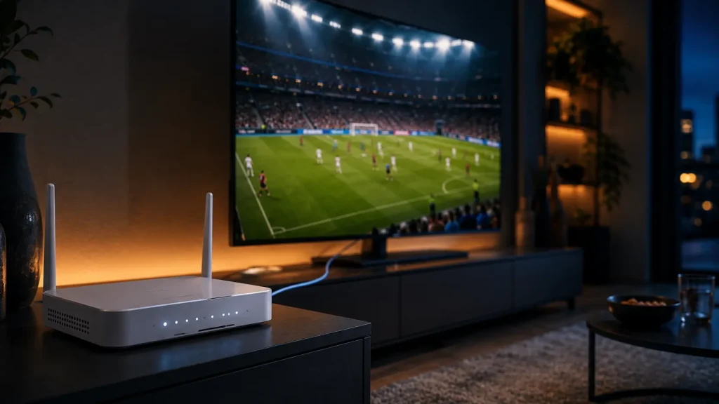 Routeur fibre et téléviseur 4K configurés pour une premiere IPTV anti coupure sans buffering