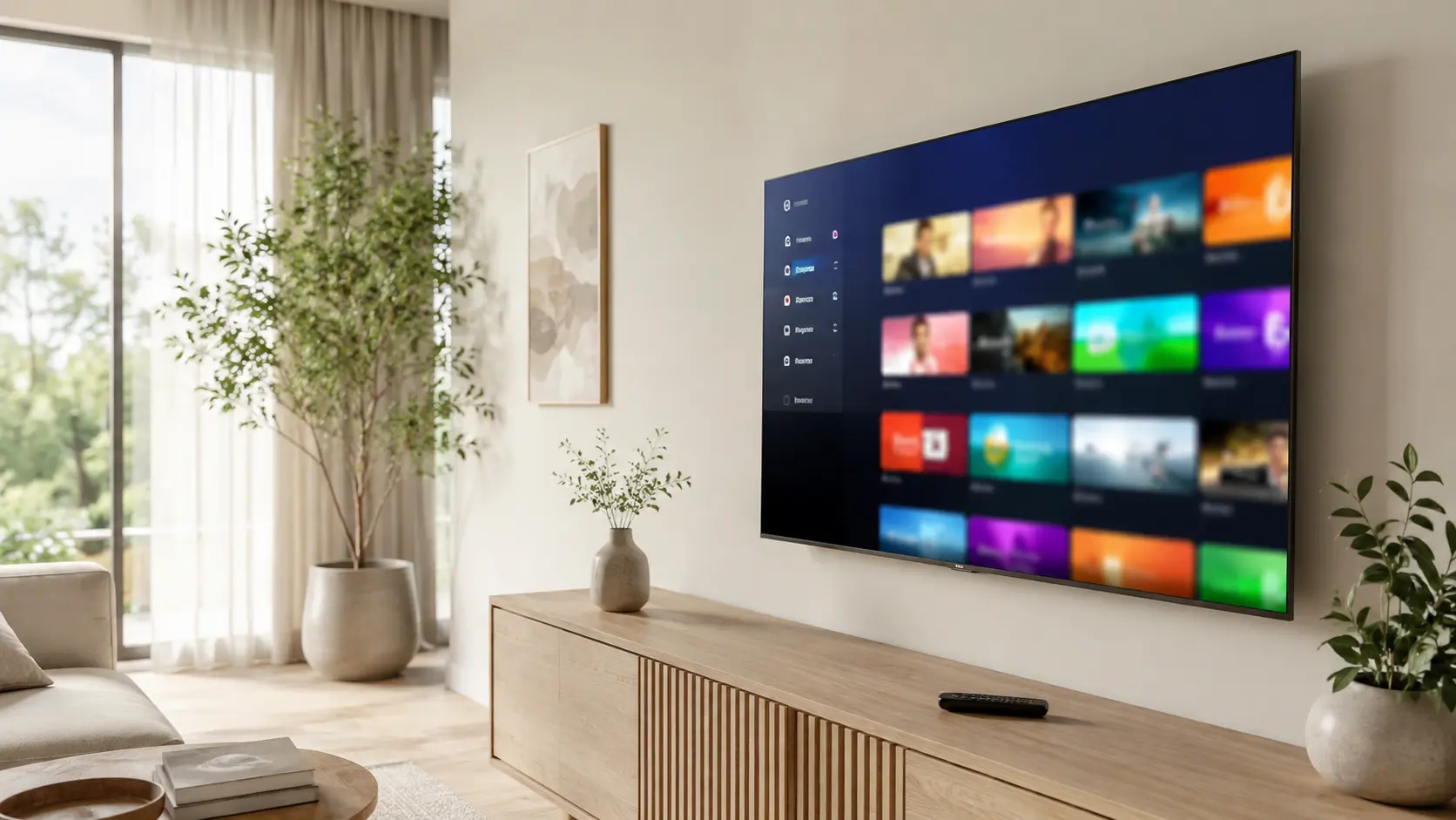 Téléviseur connecté 4K affichant une application de premiere IPTV smart tv dans un salon moderne