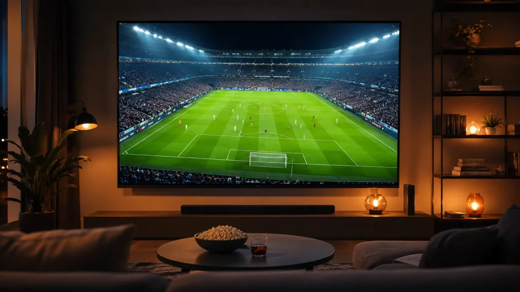 Grand écran affichant un match en direct via une premiere IPTV sport 4k en Ultra HD